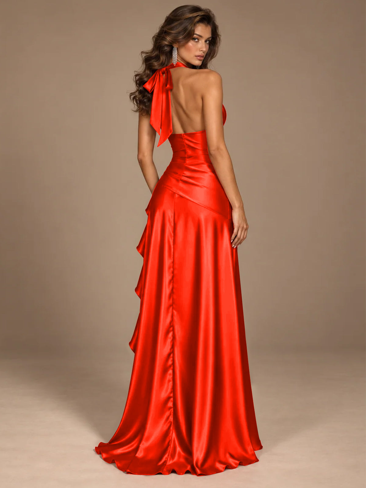 Burgundy Halter Deep V-Neck Ruched High Slit Ruffle Prom Dress