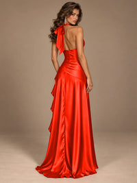 Burgundy Halter Deep V-Neck Ruched High Slit Ruffle Prom Dress