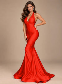 Pink Halter Deep V-Neck Ruched Mermaid Prom Dress