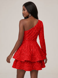 Puffy One Shoulder Sequin Tiered Mini Dress