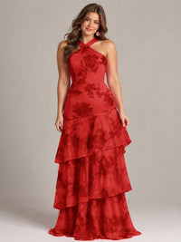 Tiered Ruffles Halter Floral Applique Prom Dress