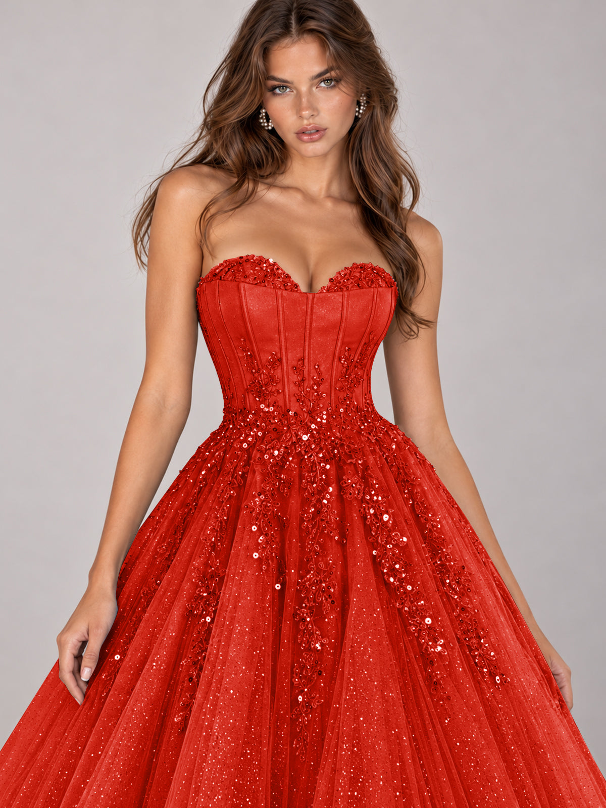 Strapless Sweetheart Beaded Corset Glitter Tulle Ball Gown Prom Dress