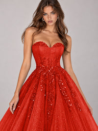 Strapless Sweetheart Beaded Corset Glitter Tulle Ball Gown Prom Dress