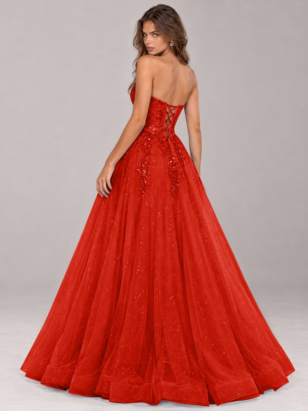 Strapless Sweetheart Beaded Corset Glitter Tulle Ball Gown Prom Dress