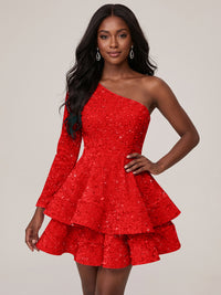Red One Shouler Sequin Homecoming Dress with Long Sleeve Sparkly Puffy Tiered Mini Prom Dress Cocktail Party Gown