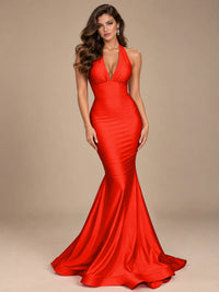 Pink Halter Deep V-Neck Ruched Mermaid Prom Dress