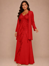 Champagne Beaded Chiffon Mother of the Bride Dress with Jacket V-Neck Gown