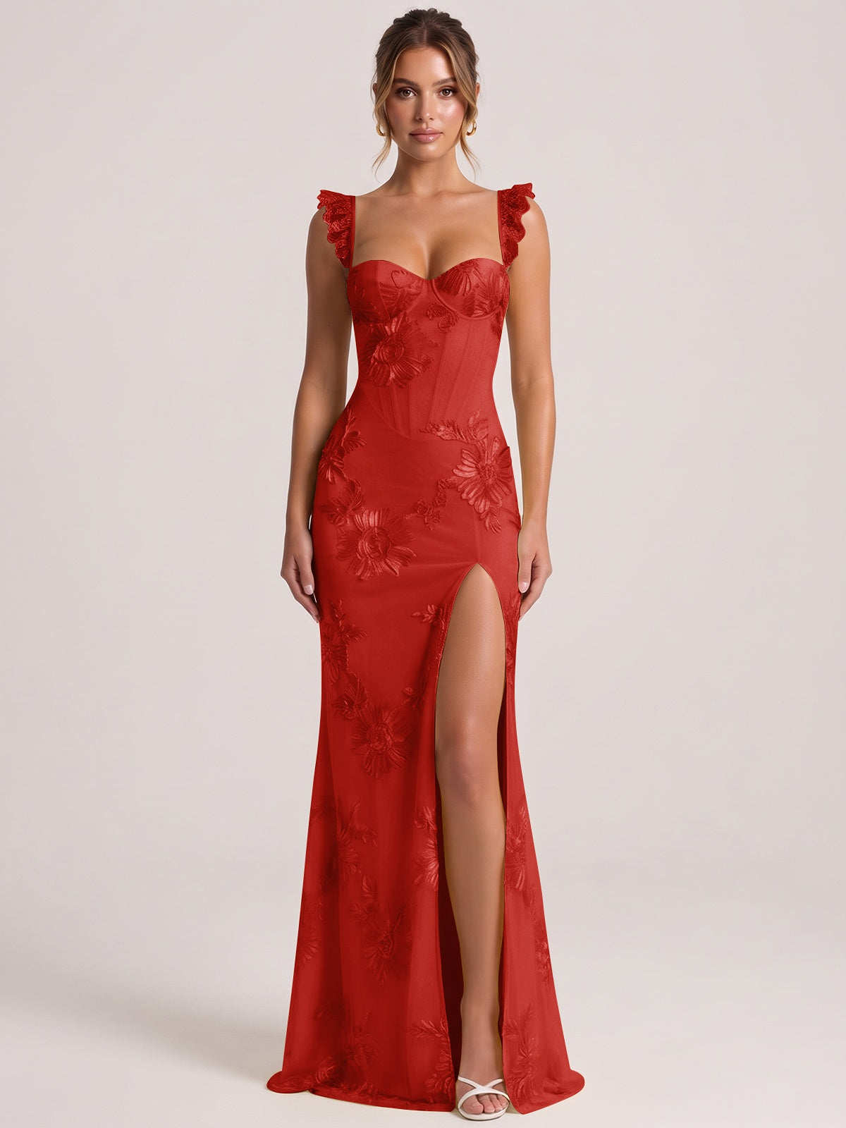 Red Sweetheart Floral Applique Corset Mermaid Prom Dress with High Slit Long Formal Evening Gown