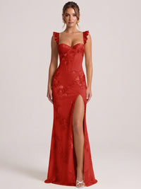 Red Sweetheart Floral Applique Corset Mermaid Prom Dress with High Slit Long Formal Evening Gown