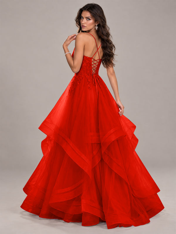 Lace Corset Ball Gown Prom Dress with Cascading Tulle Ruffles