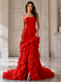 Mermaid Formal Evening Dress with Layered Ruffle Train
