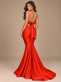 Pink Halter Deep V-Neck Ruched Mermaid Prom Dress