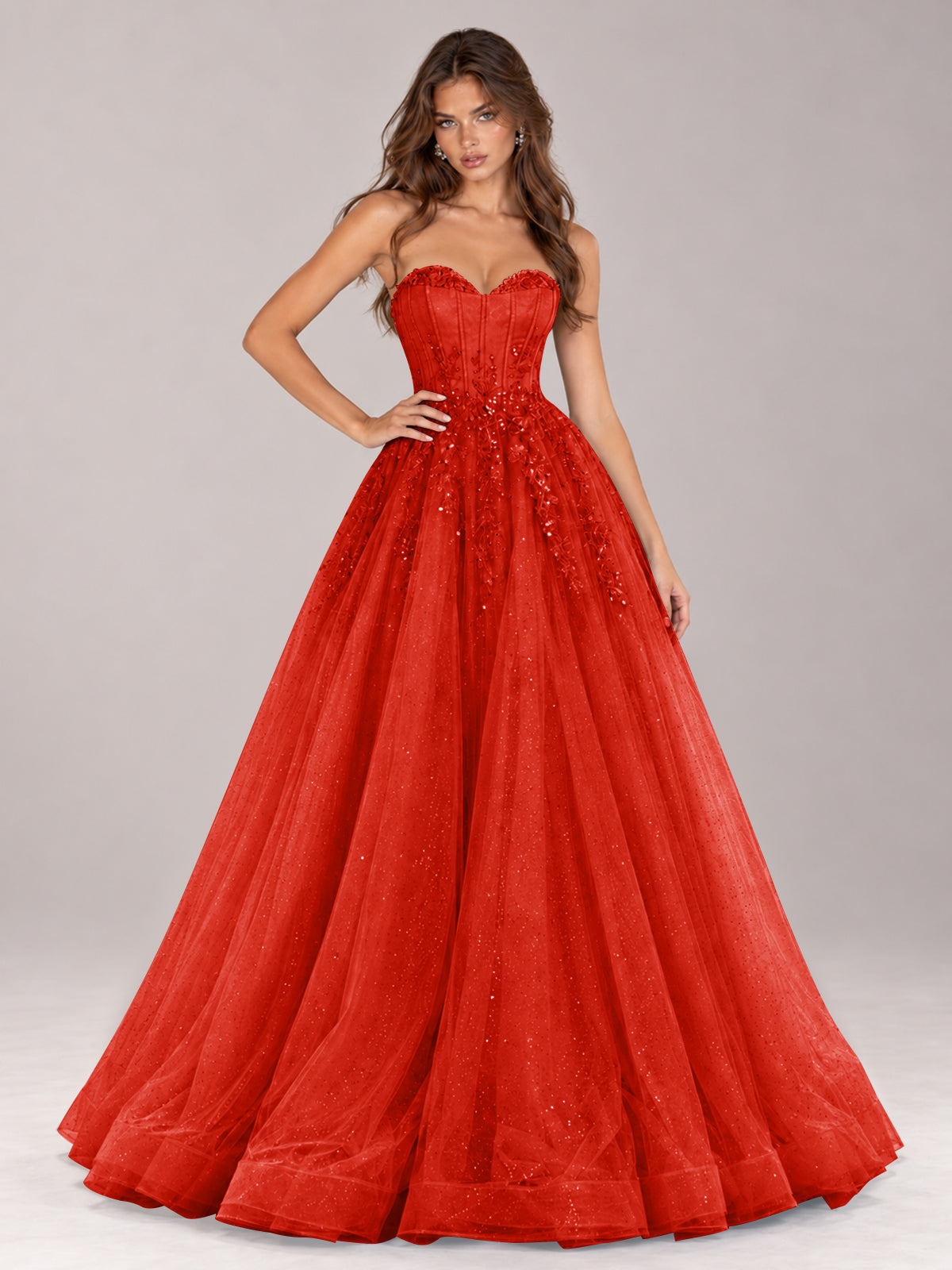 Strapless Sweetheart Beaded Corset Glitter Tulle Ball Gown Prom Dress