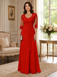 Chiffon Lace Applique Mother of the Bride Dress with 3/4 Sleeves