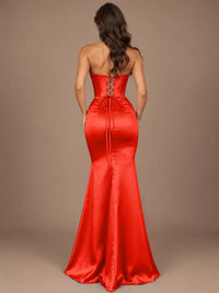 Dusty Blue Strapless Lace Corset Prom Dress with High Slit