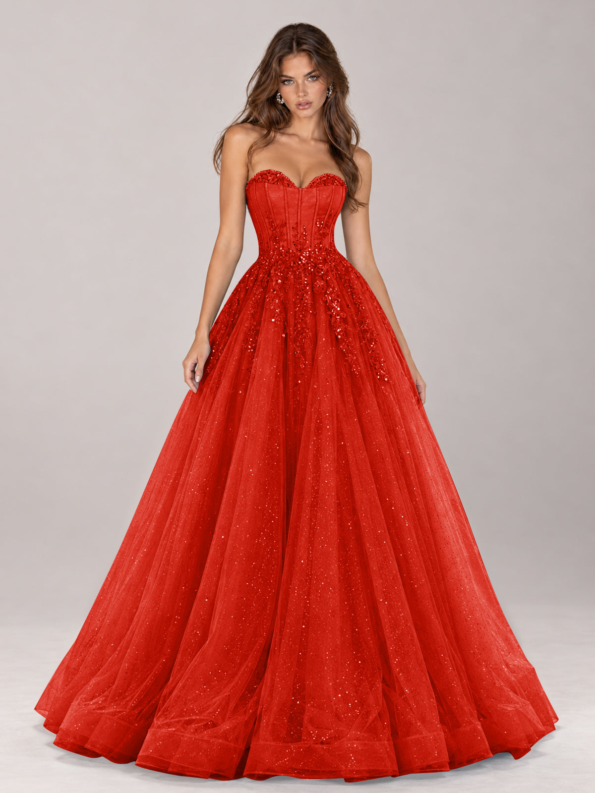 Strapless Sweetheart Beaded Corset Glitter Tulle Ball Gown Prom Dress