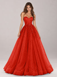 Strapless Sweetheart Beaded Corset Glitter Tulle Ball Gown Prom Dress
