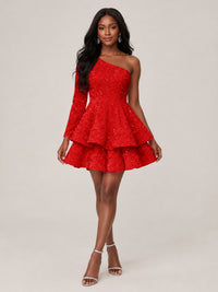 Puffy One Shoulder Sequin Tiered Mini Dress
