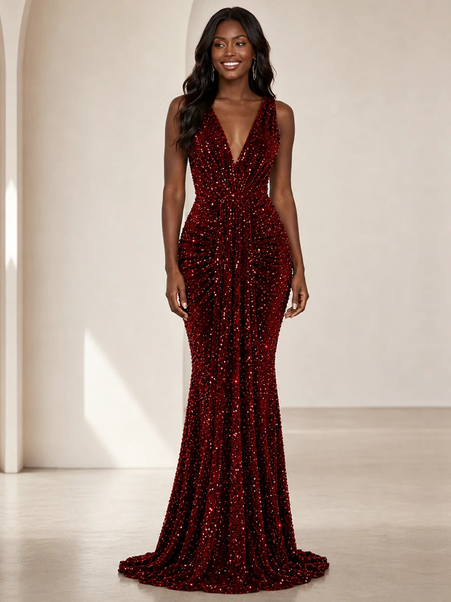 Sequin Mermaid Prom Dress with V-Neck and Ruched Waist