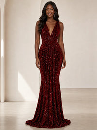 Sequin Mermaid Prom Dress with V-Neck and Ruched Waist