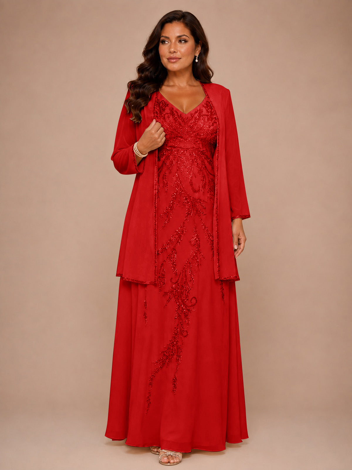Champagne Beaded Chiffon Mother of the Bride Dress with Jacket V-Neck Gown
