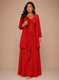 Champagne Beaded Chiffon Mother of the Bride Dress with Jacket V-Neck Gown