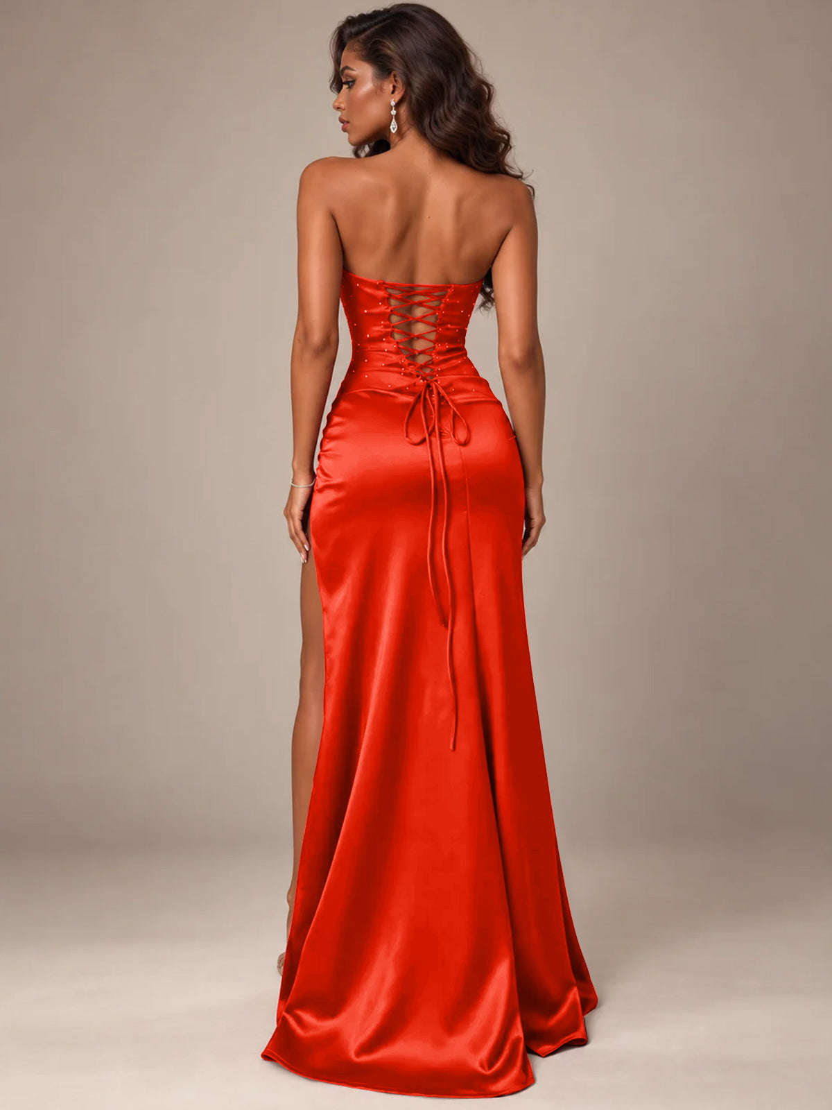 Burgundy Strapless Sparkly Corset Prom Dress with High Slit