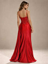 Mermaid Satin Prom Dress with Floral Appliqué Corset and High Slit