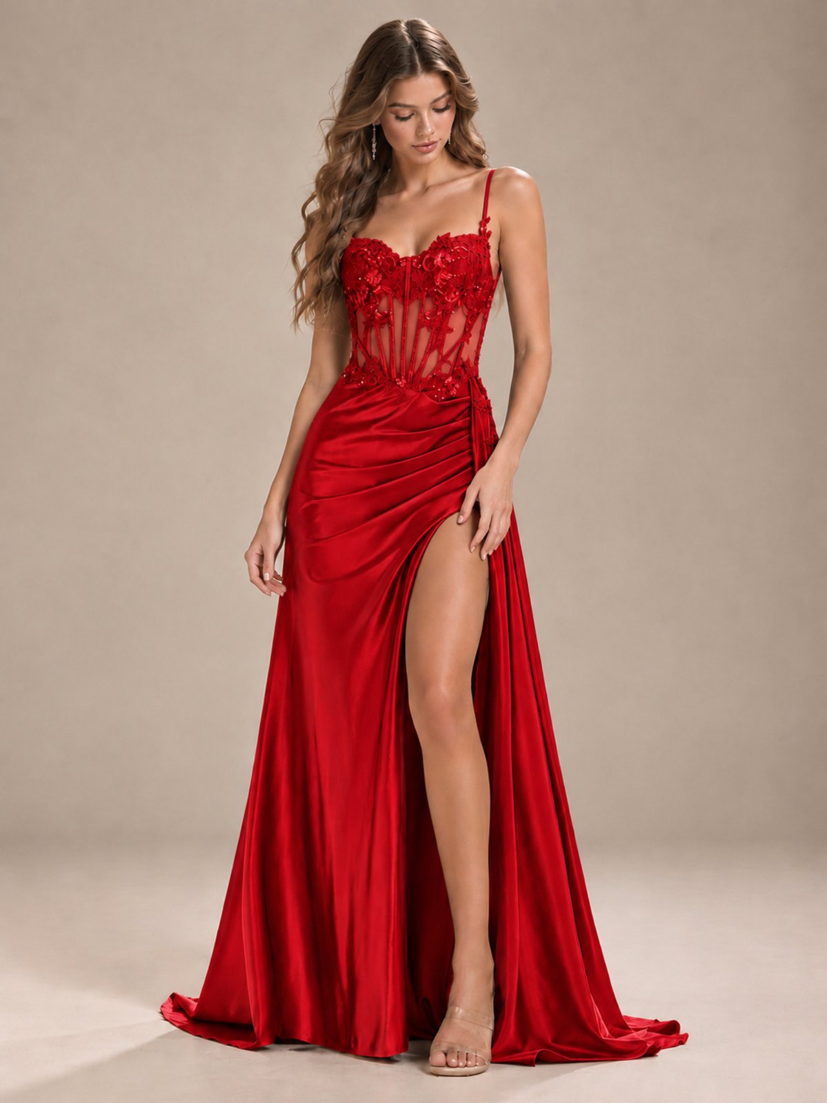 Mermaid Satin Prom Dress with Floral Appliqué Corset and High Slit