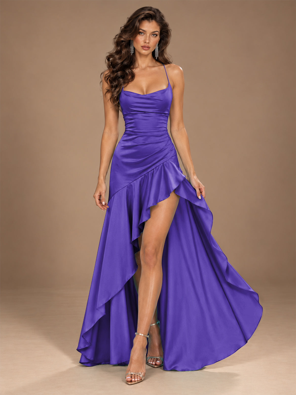 Burgundy Spaghetti Strap Ruched Prom Dress with Ruffled High Slit