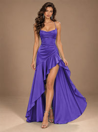 Burgundy Spaghetti Strap Ruched Prom Dress with Ruffled High Slit