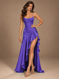 Burgundy Spaghetti Strap Ruched Prom Dress with Ruffled High Slit