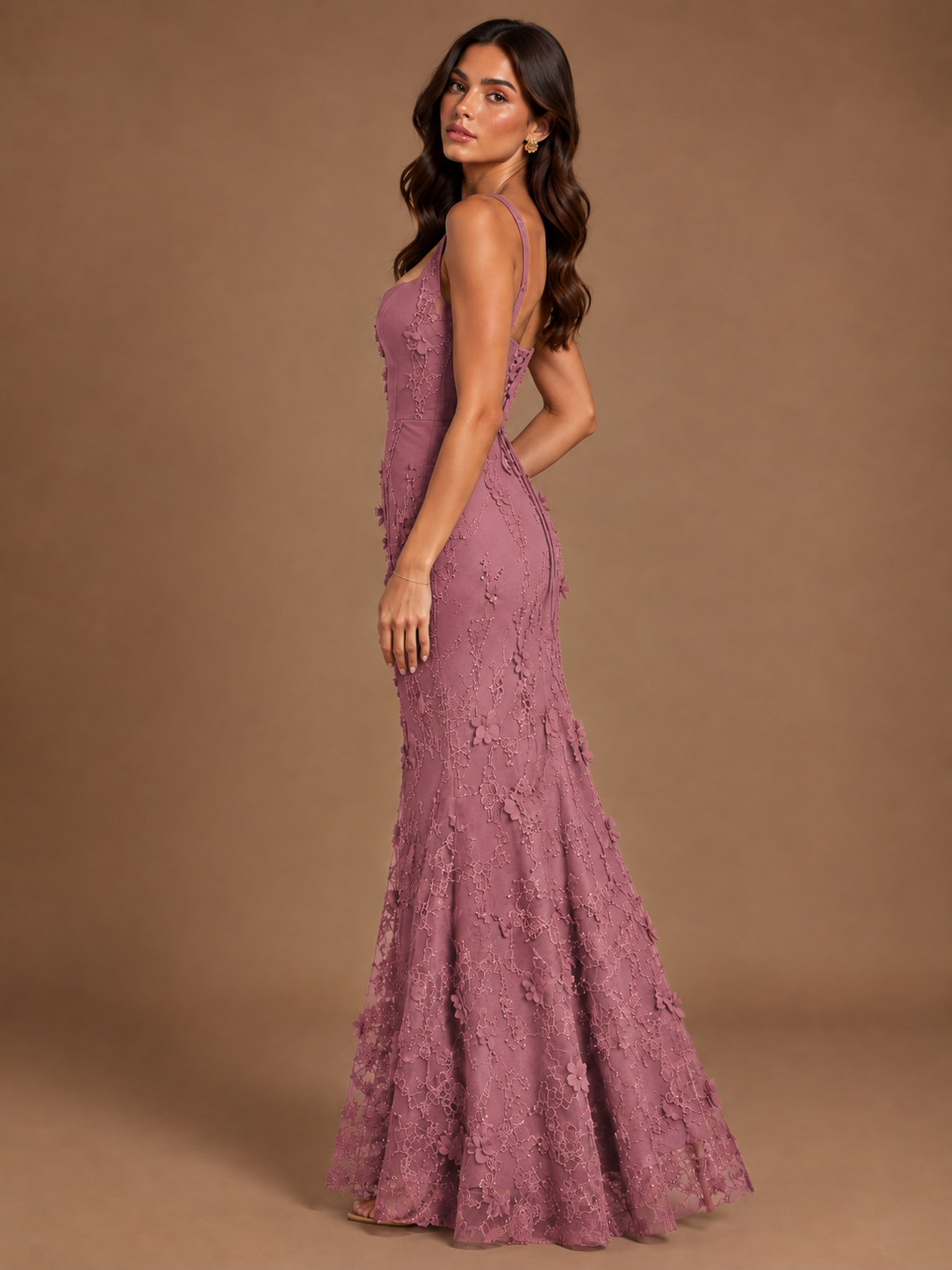 Floral Applique Mermaid Formal Dress with Lace-Up Back