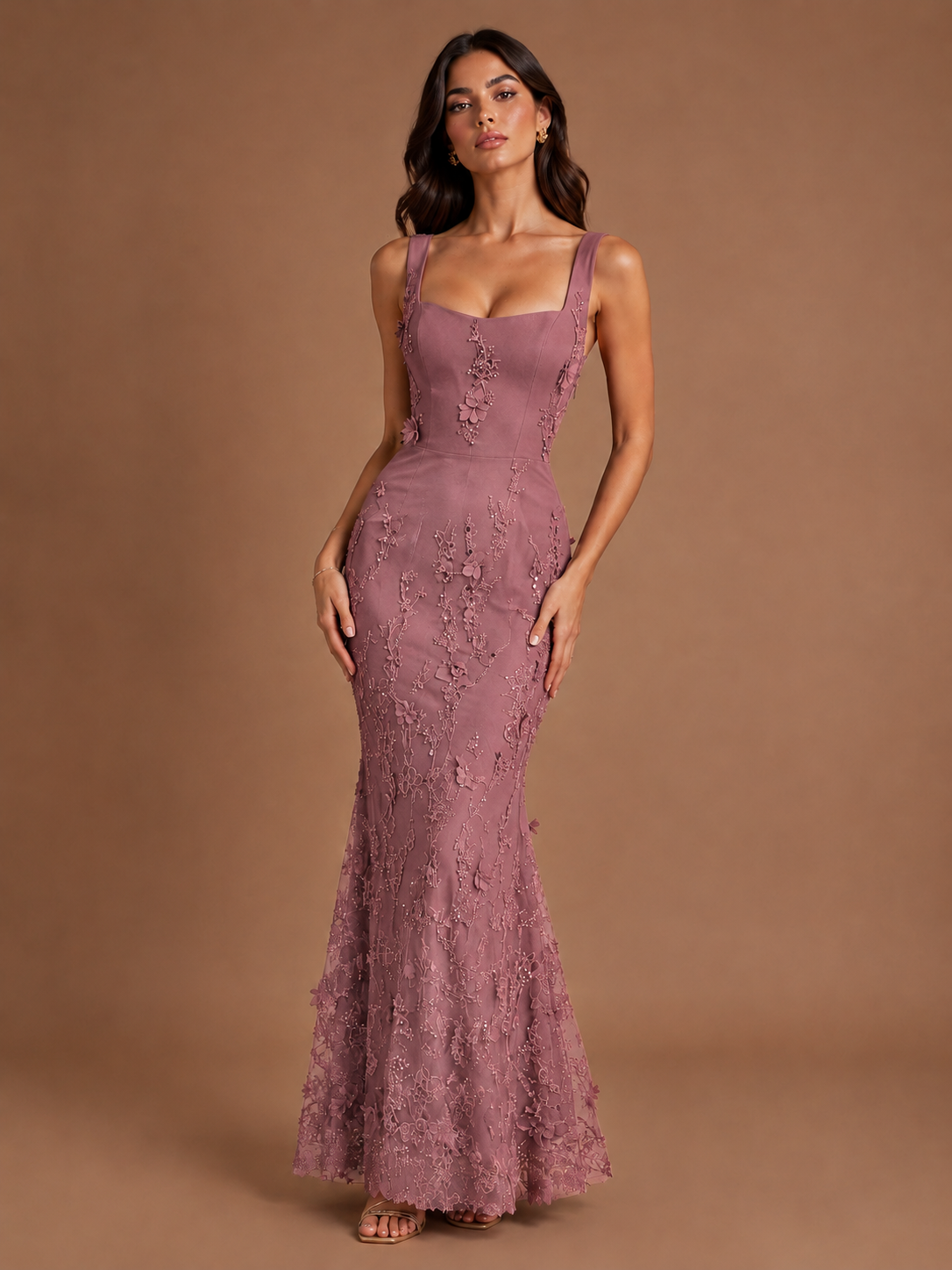Floral Applique Mermaid Formal Dress with Lace-Up Back