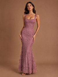 Floral Applique Mermaid Formal Dress with Lace-Up Back