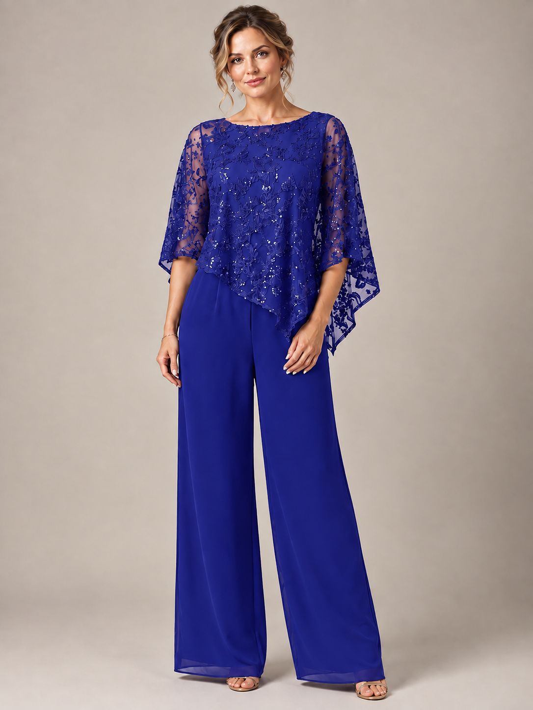 3/4 Sleeve Sequin Chiffon Jumpsuit with Cape