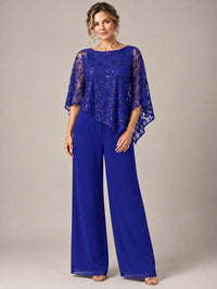 3/4 Sleeve Sequin Chiffon Jumpsuit with Cape