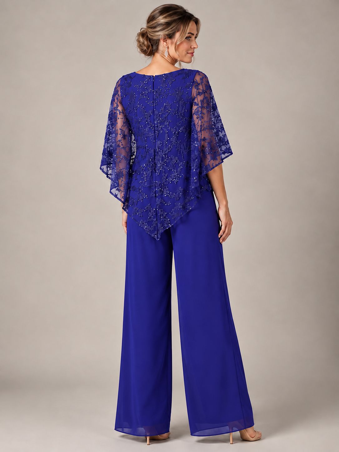 3/4 Sleeve Sequin Chiffon Jumpsuit with Cape
