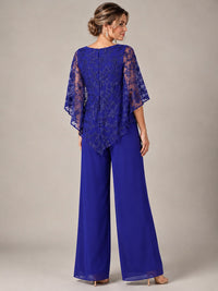 3/4 Sleeve Sequin Chiffon Jumpsuit with Cape