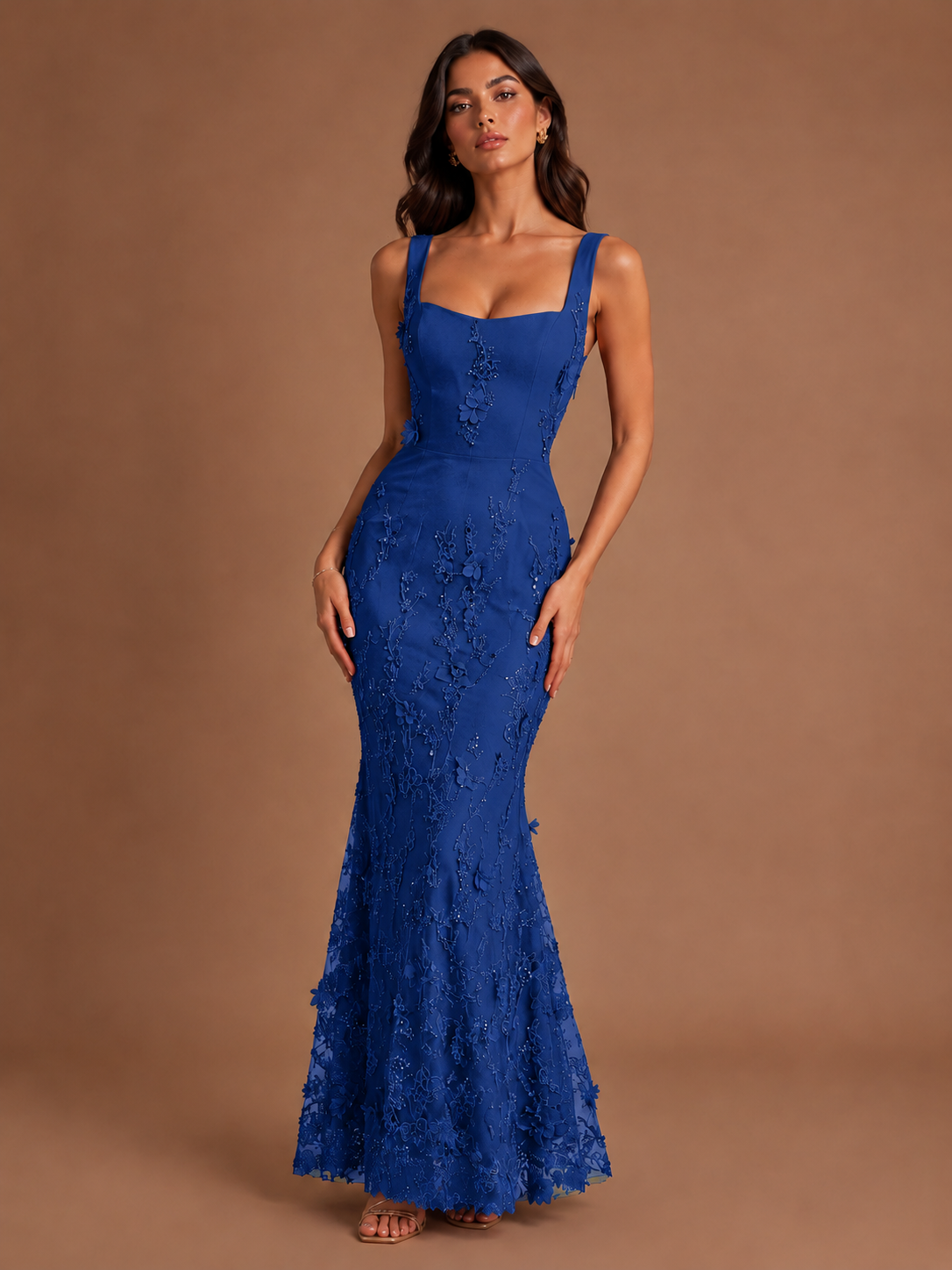 Floral Applique Mermaid Formal Dress with Lace-Up Back