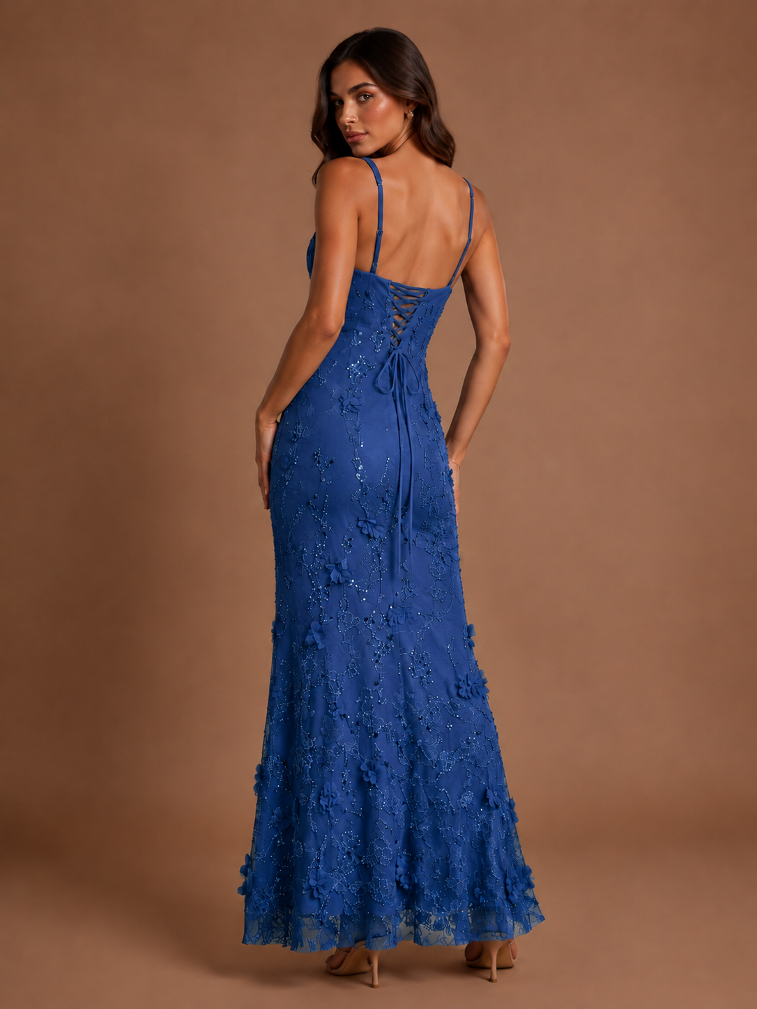 Floral Applique Mermaid Formal Dress with Lace-Up Back