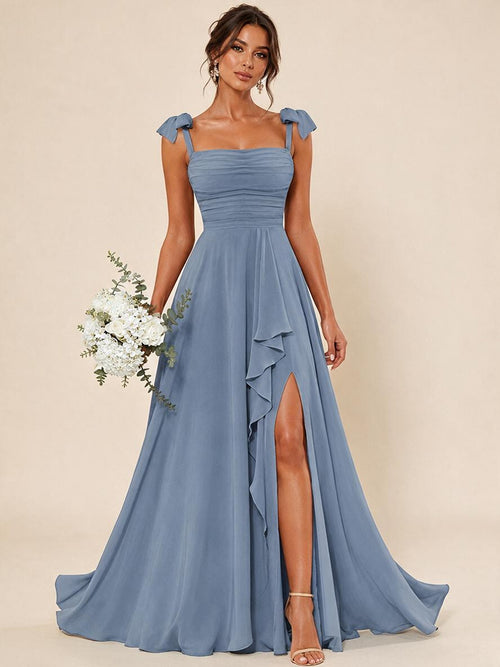 Dusty Blue Ruffle Slit Chiffon A Line Scoop Neck Bridesmaid Dresses with Pockets - Dusty Blue