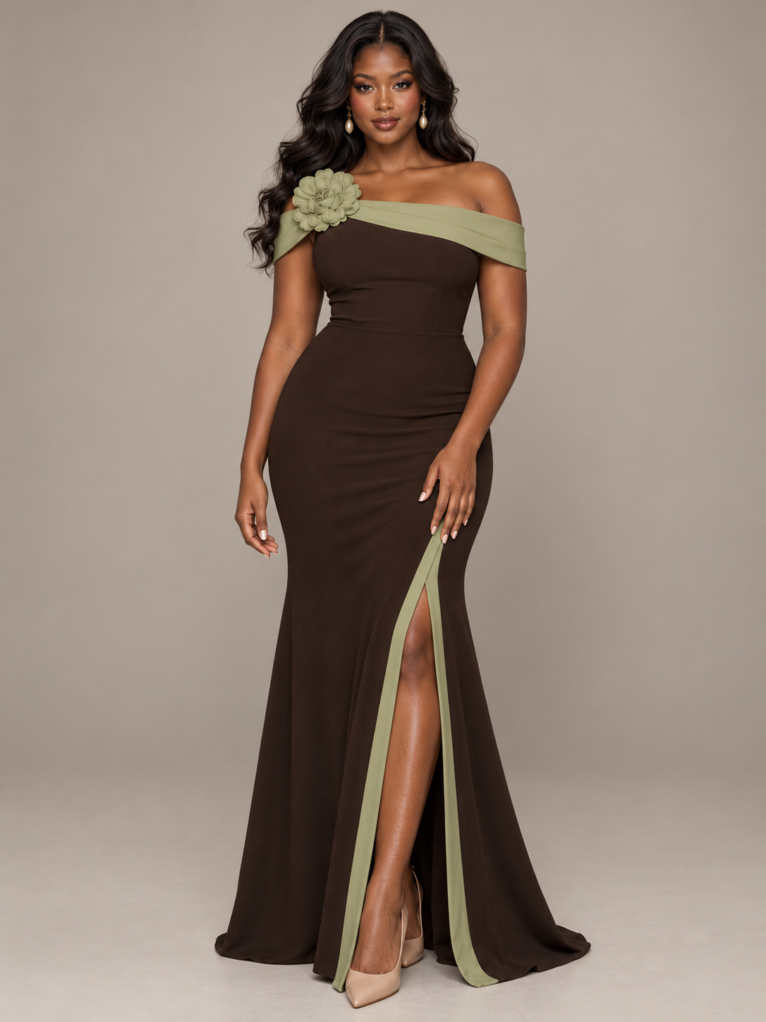 sage and brown Off-the-Shoulder Floral Applique High-Slit Gown