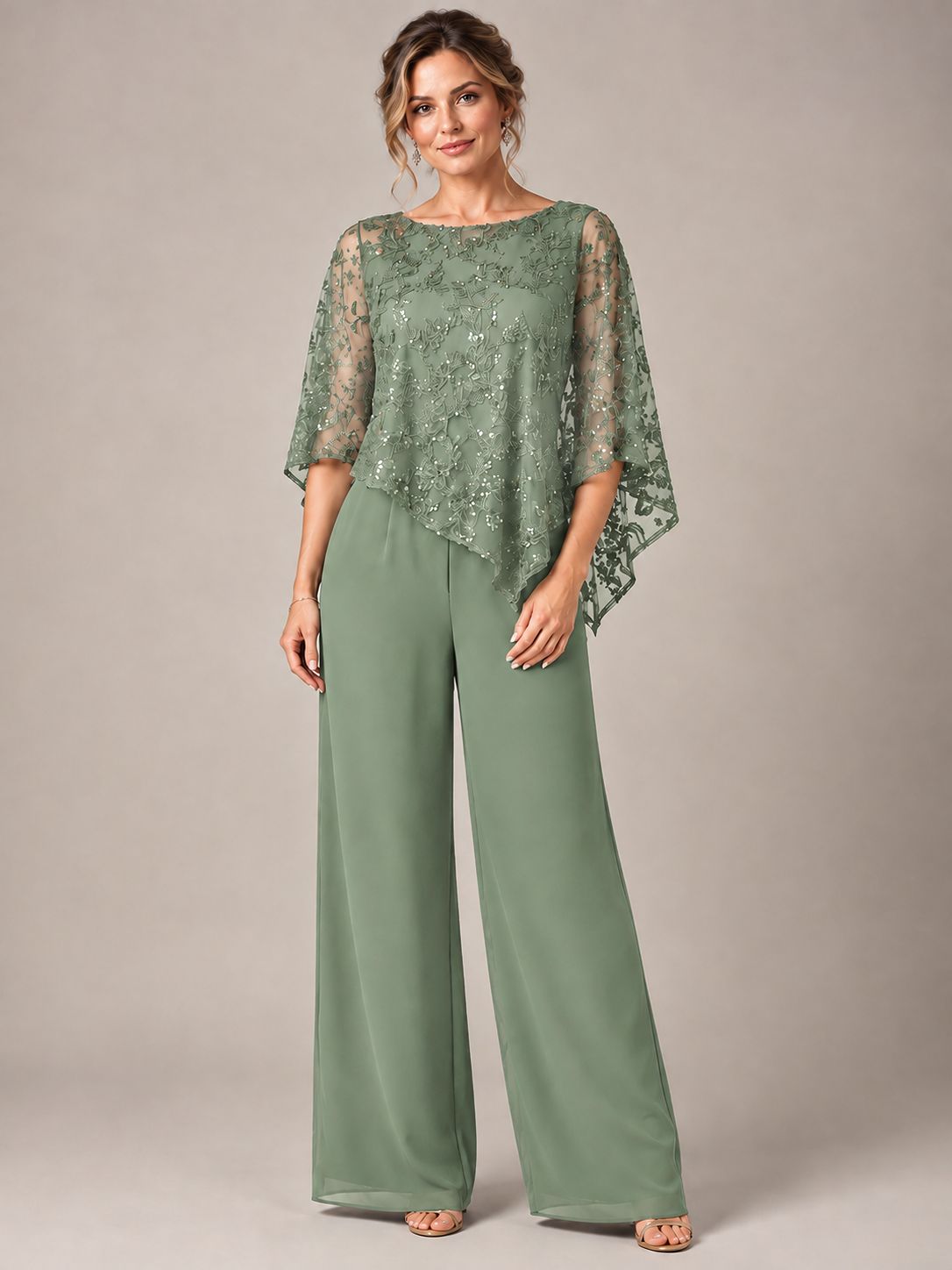 3/4 Sleeve Sequin Chiffon Jumpsuit with Cape