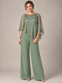 3/4 Sleeve Sequin Chiffon Jumpsuit with Cape