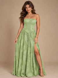 Chocolate Brown Floral Strapless Corset A-Line Evening Gown with Slit