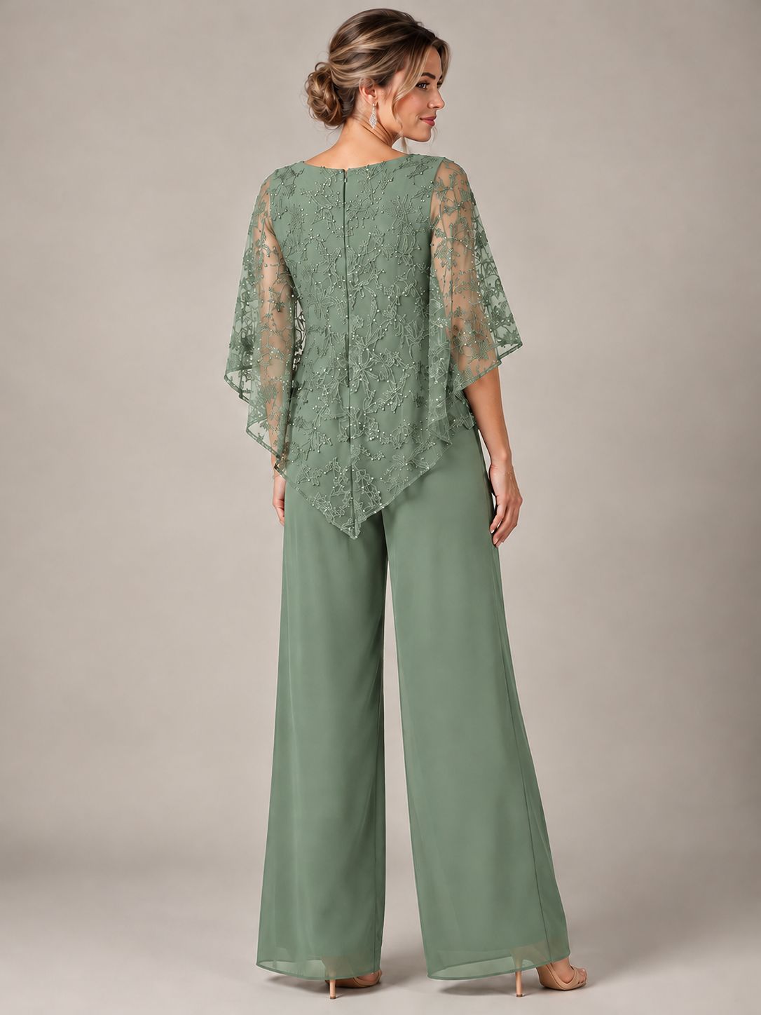 3/4 Sleeve Sequin Chiffon Jumpsuit with Cape