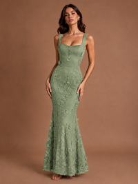 Floral Applique Mermaid Formal Dress with Lace-Up Back