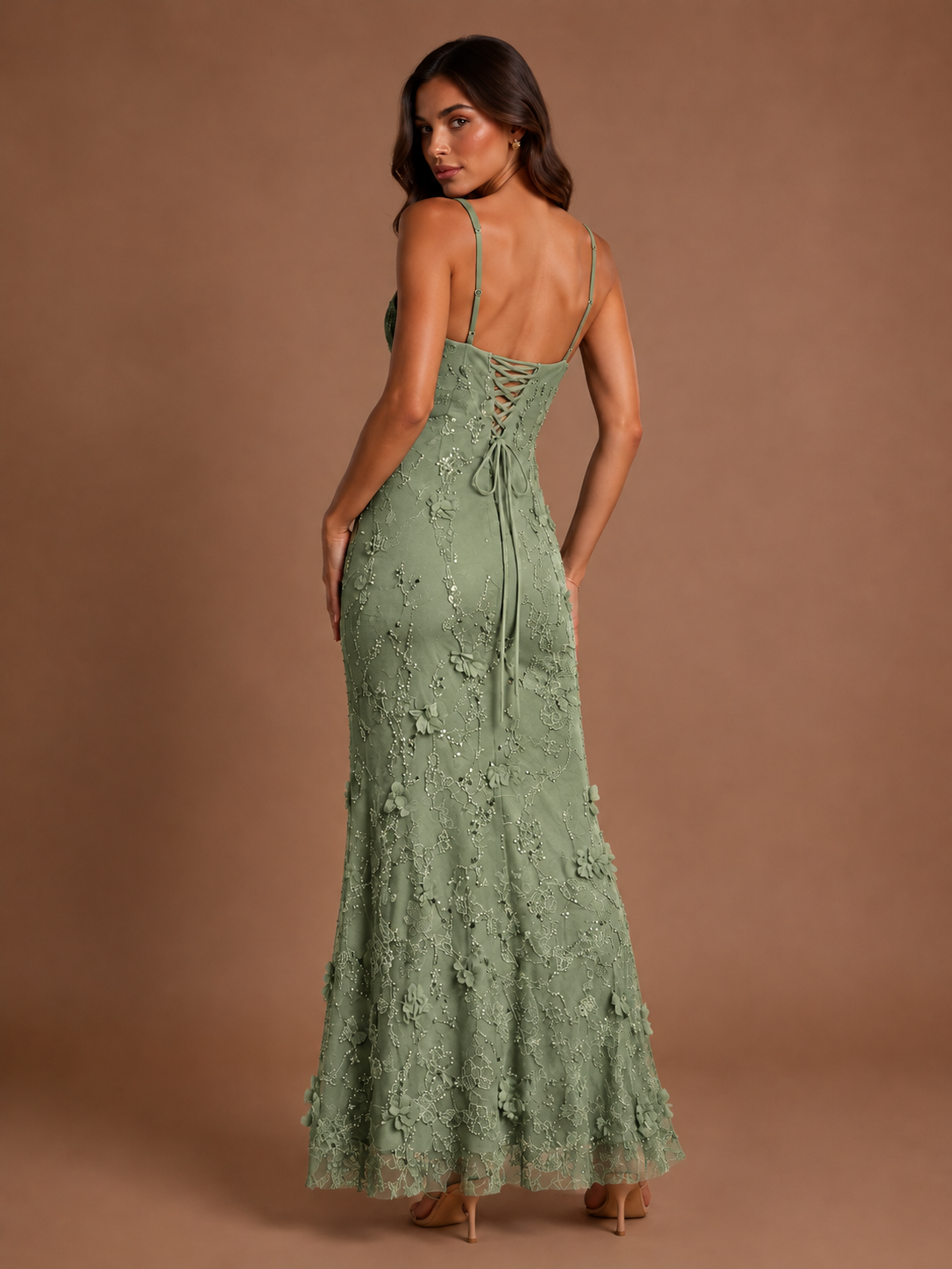 Floral Applique Mermaid Formal Dress with Lace-Up Back