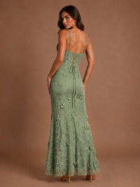 Floral Applique Mermaid Formal Dress with Lace-Up Back